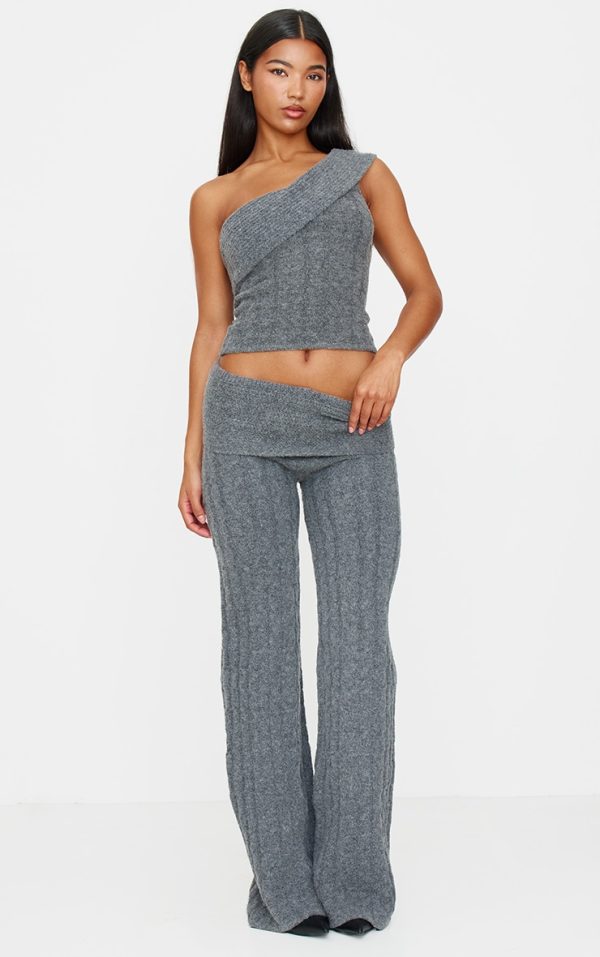 Charcoal Marl Textured Knit Foldover Wide Leg Pants