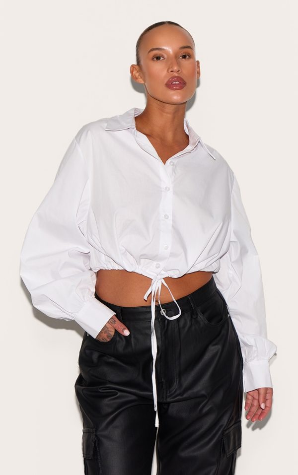 Plus White Tie Waist Cropped Shirt