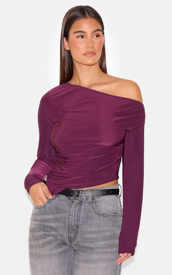 Plum Soft Touch Asymmetric Ruched Long Sleeve Top