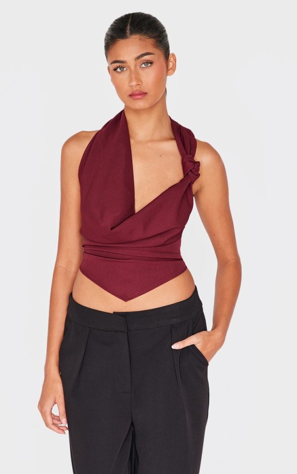Burgundy Woven Cowl Neck Long Top