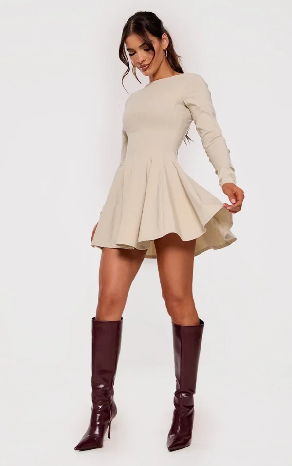 Stone Stretch Woven Boat Neck Long Sleeve Pleated Shift Dress
