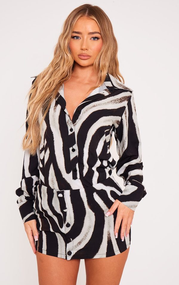 Monochrome Zebra Print Button Skirt Detail Bodycon Dress