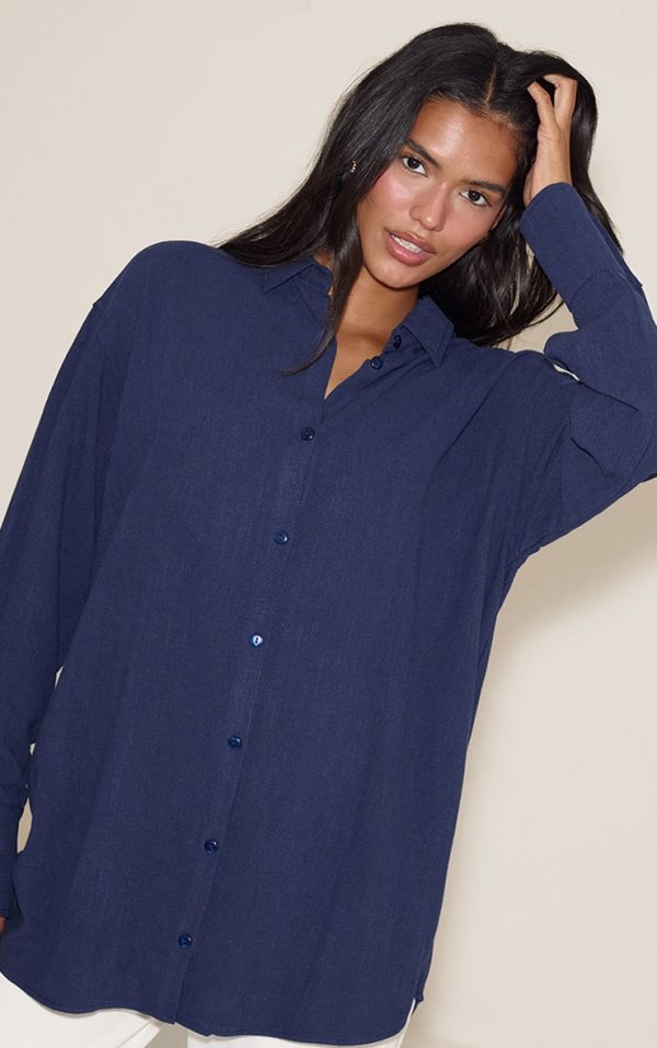 Navy Linen Look Boxy Oversized Shirt