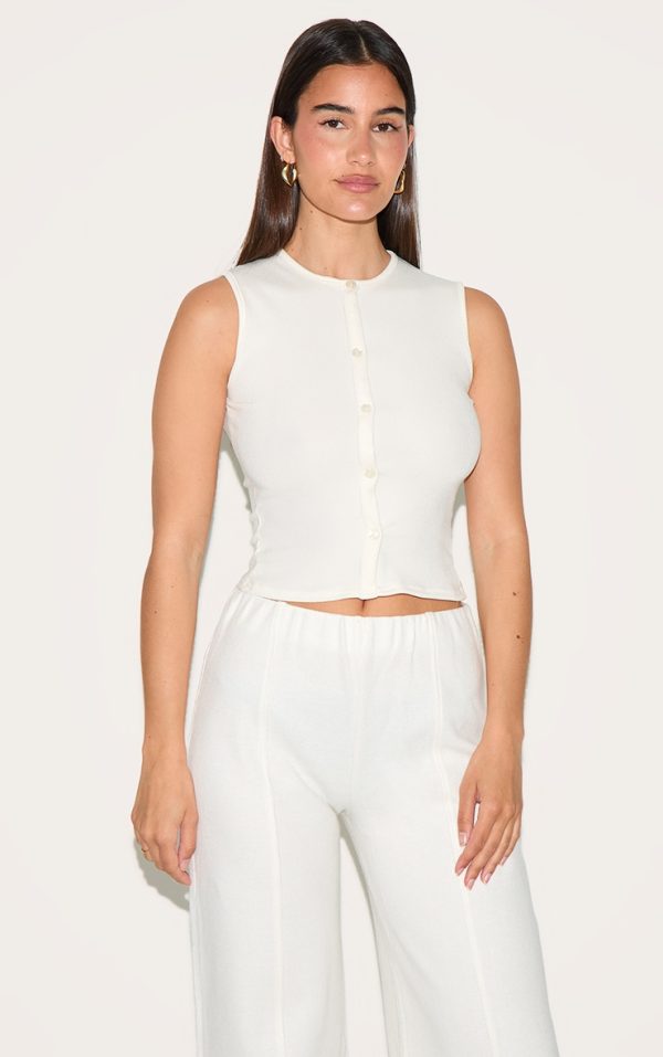 Cream Soft Touch Rib Button Down Sleeveless Top