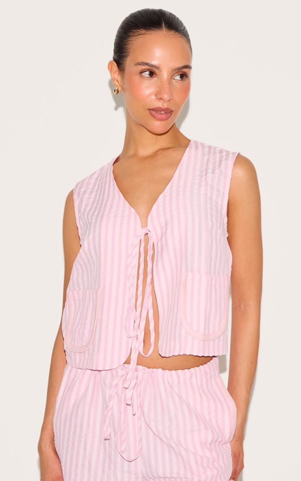 Petite Pink Striped Woven Tie Front Longline Vest