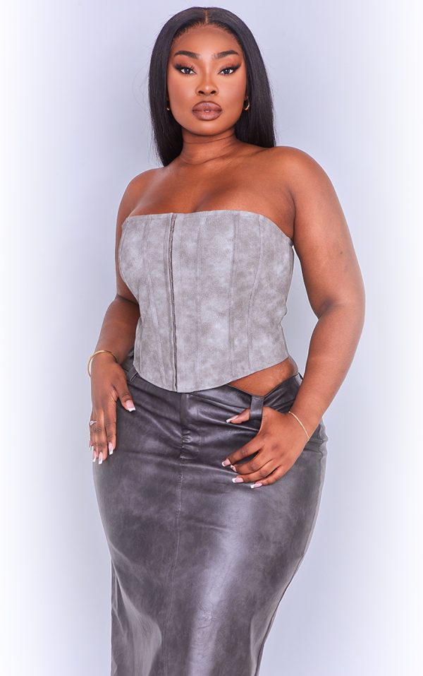 Plus Charcoal Washed Faux Leather Hook And Eye Structured Corset