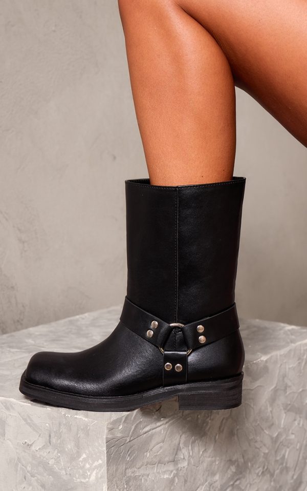 Black PU Square Toe Buckle Detail Ankle Boots