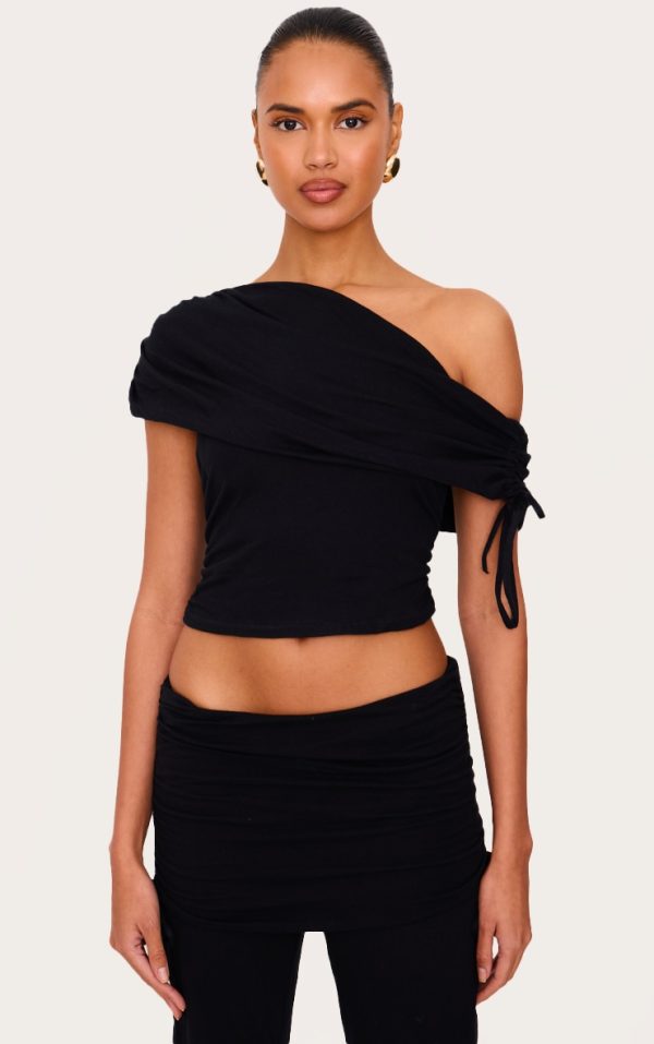 Black Ruched Side Off The Shoulder Top