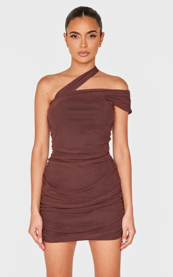 Chocolate Mesh Neck Detail Mini Dress