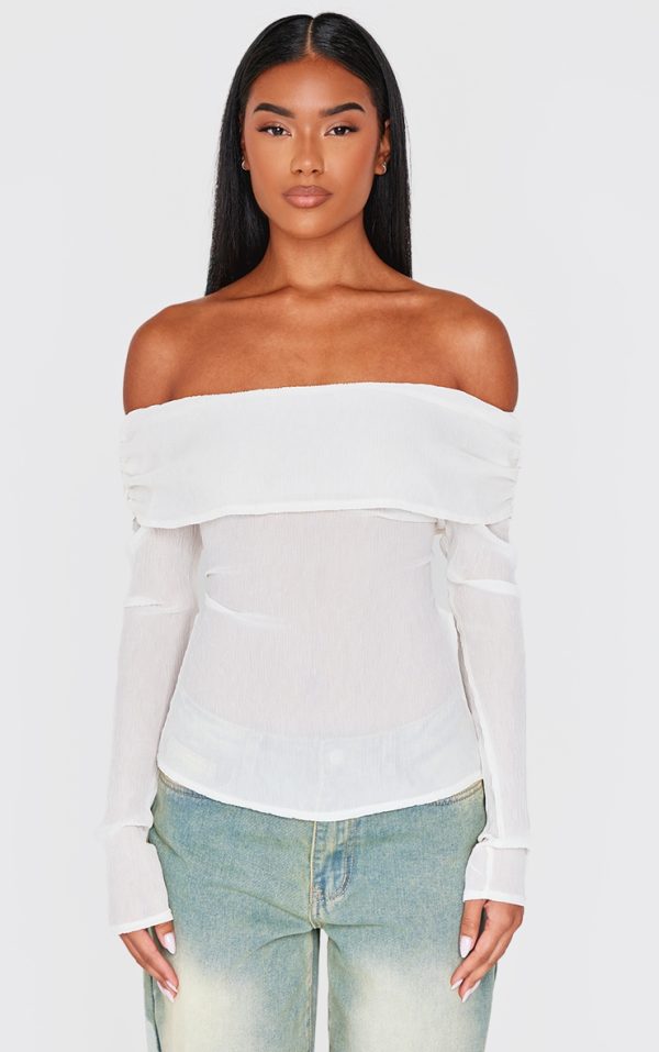 Cream Chiffon Plisse Bardot Long Top