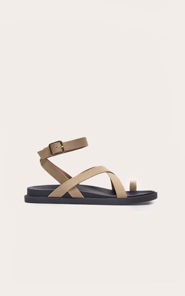 Olive Faux Suede Round Toe Ankle Strap Footbed Sandals
