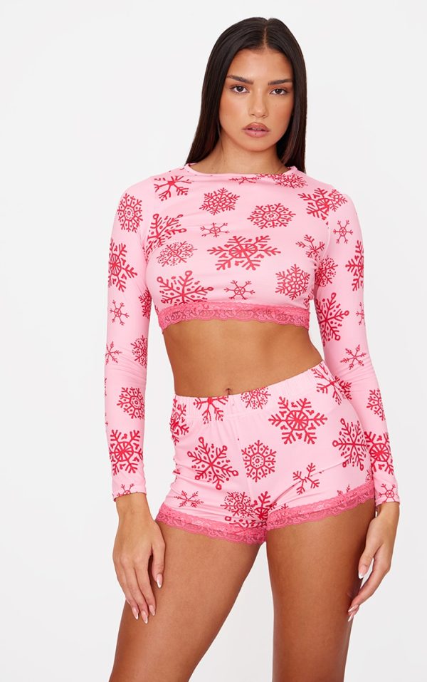 Pink Snowflake Print Long Sleeve Short Pj Set