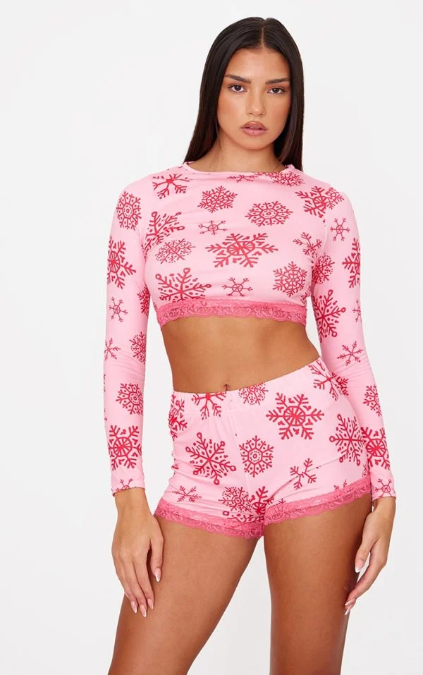 Pink Snowflake Print Long Sleeve Short Pj Set
