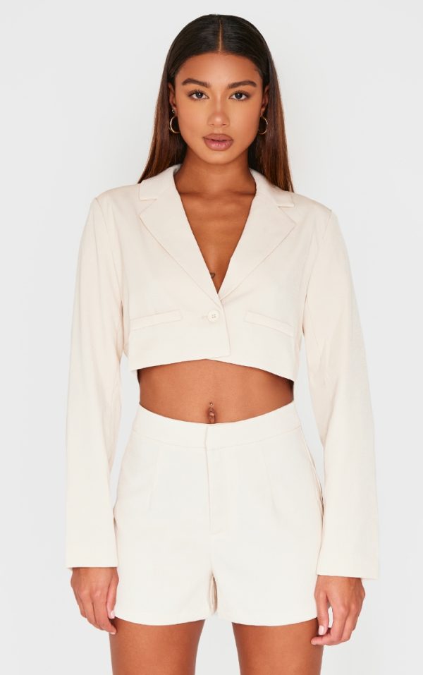 Cream Tailored Cropped Pocket Detail Blazer