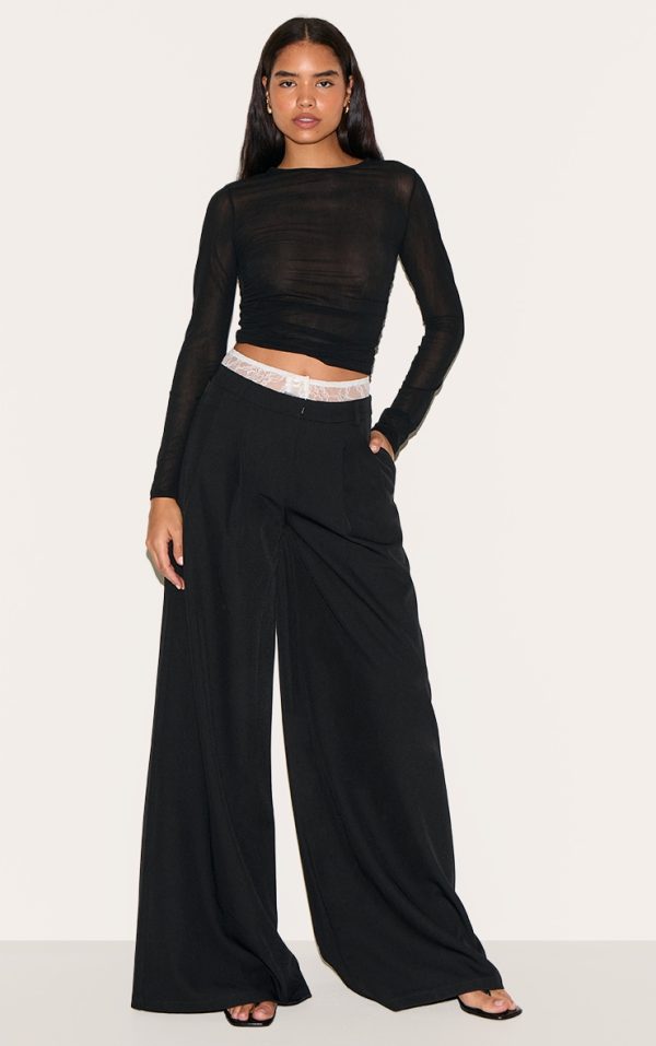 Tall Black Lace Detail Tailored Wide Leg Pants