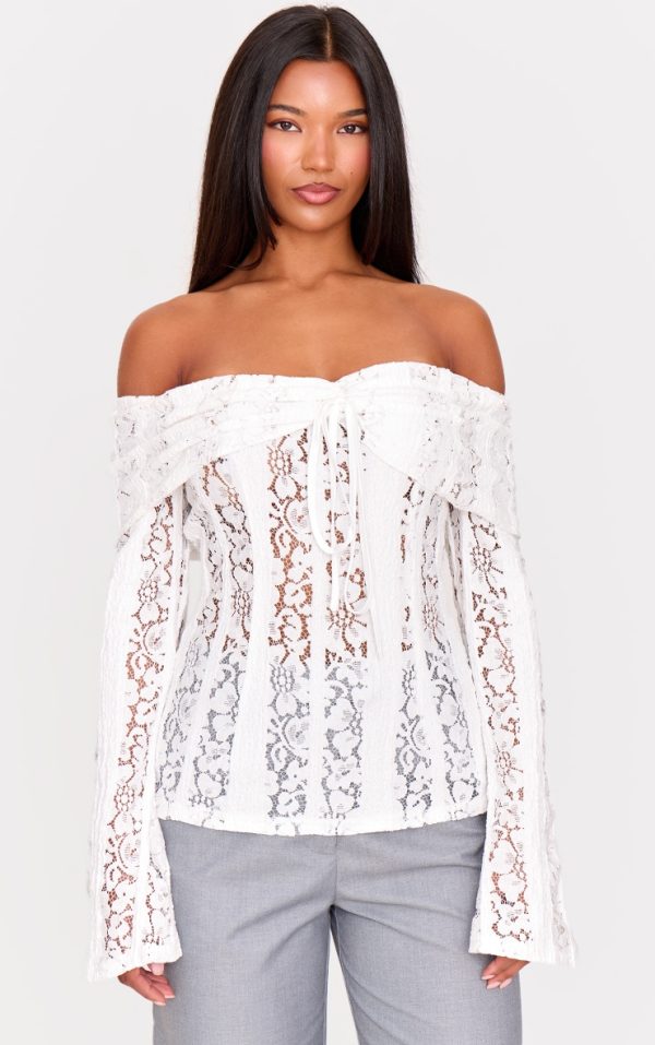 White Fitted Lace Flared Sleeve Bardot Top
