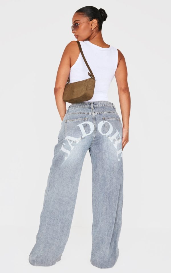 Shape Vintage Light Wash Low Rise Washed Jadore Print Wide Leg Denim Jeans