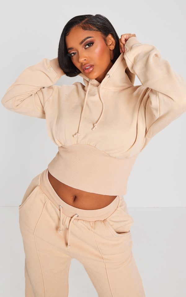 Shape Oatmeal Sweat Cropped Shirred Waist Hoodie