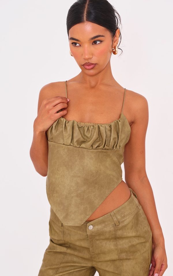Premium Olive Washed Faux Leather Ruched Bust Curve Hem Top