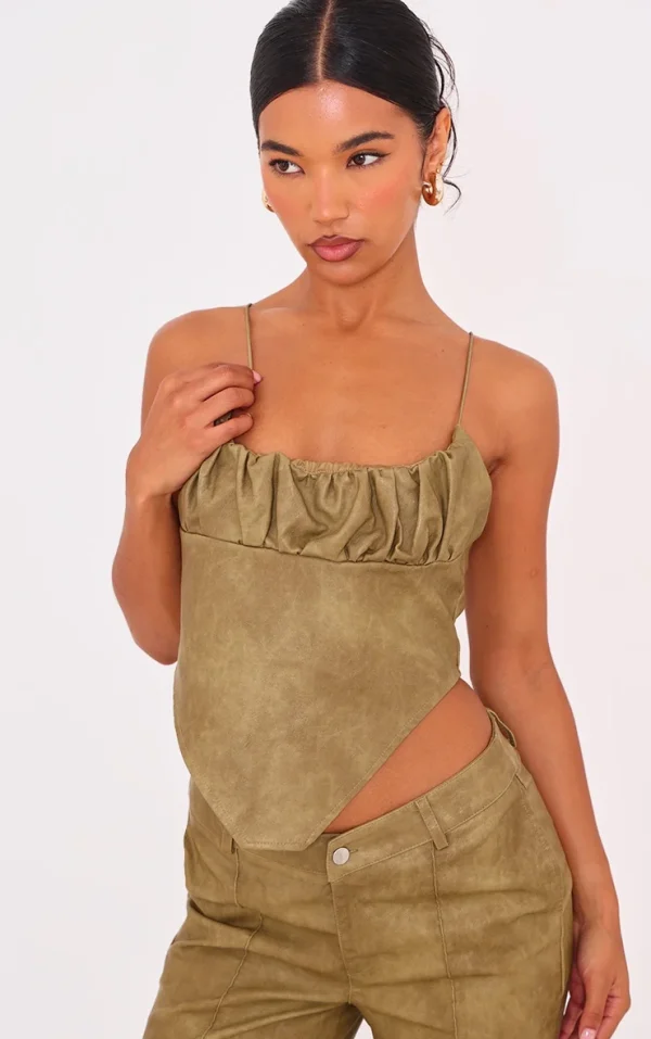 Premium Olive Washed Faux Leather Ruched Bust Curve Hem Top