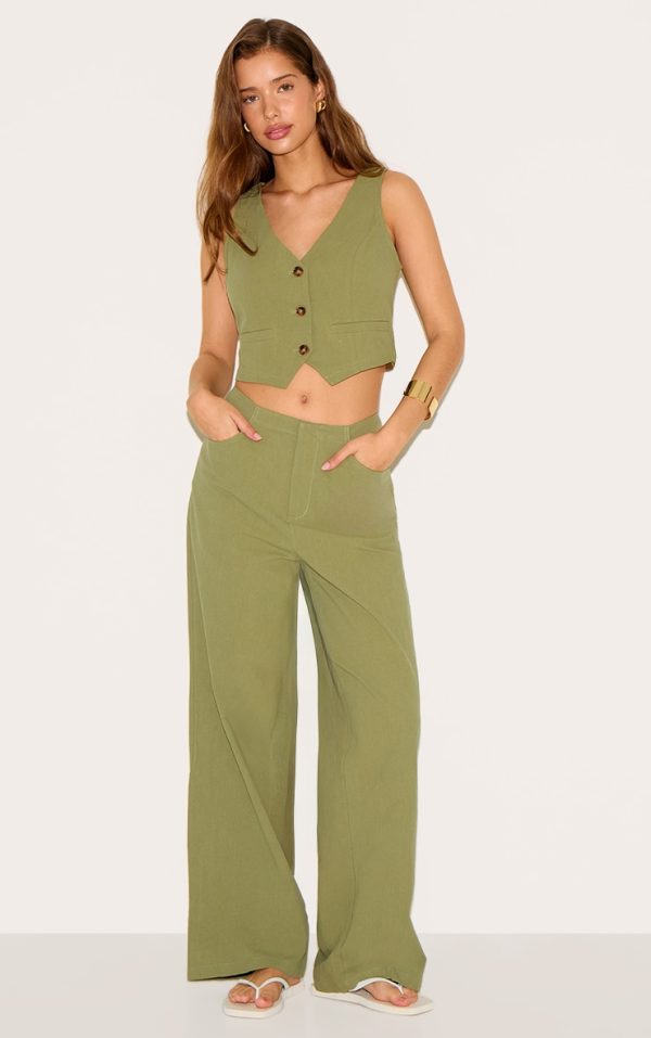 Khaki Linen Look Mid Rise Wide Leg Pant