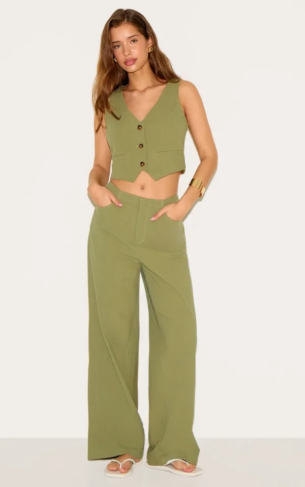 Khaki Linen Look Mid Rise Wide Leg Pant