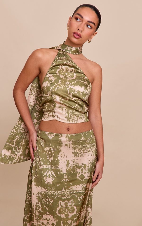Khaki Printed Satin Scarf Detail Crop Top
