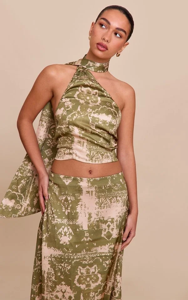 Khaki Printed Satin Scarf Detail Crop Top