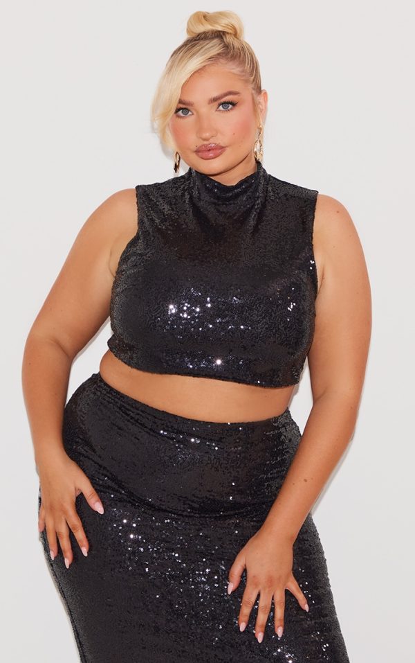 Plus Black Sequin High Neck Crop Top