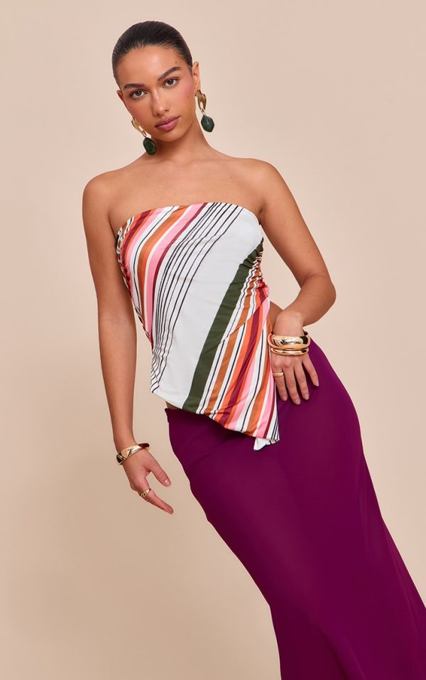 Multi Printed Striped Double Layer Slinky Split Side Bandeau