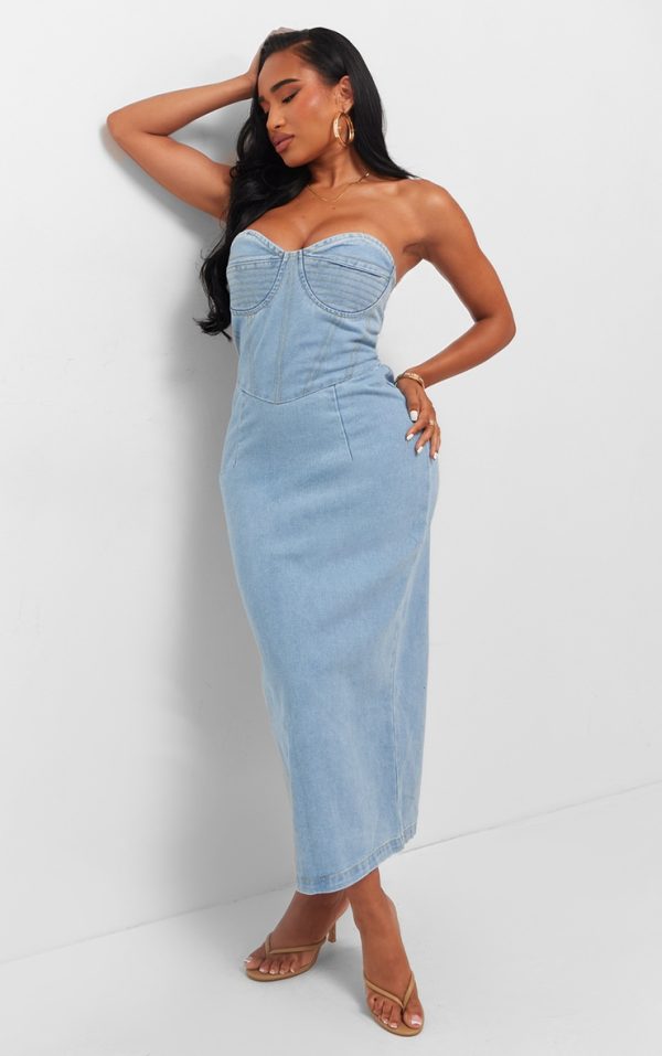 Shape Light Blue Denim Seam Detail Bandeau Maxi Dress