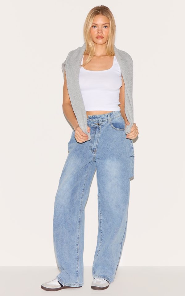 Light Blue Wash Asymmetric Waistband Baggy Low Rise Thigh Split Boyfriend Jeans