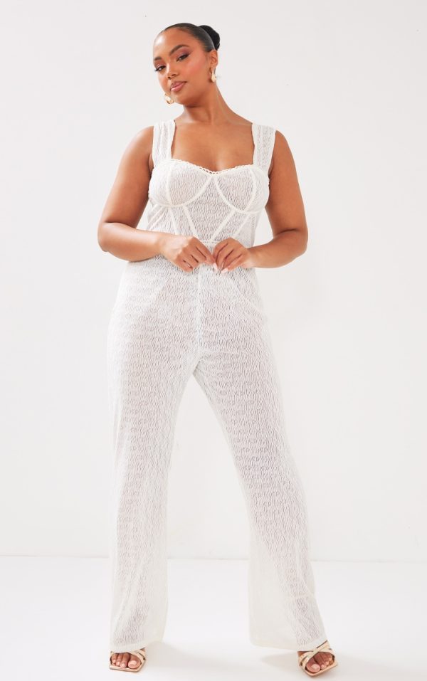 Plus Cream Textured Corset Jumpsuit