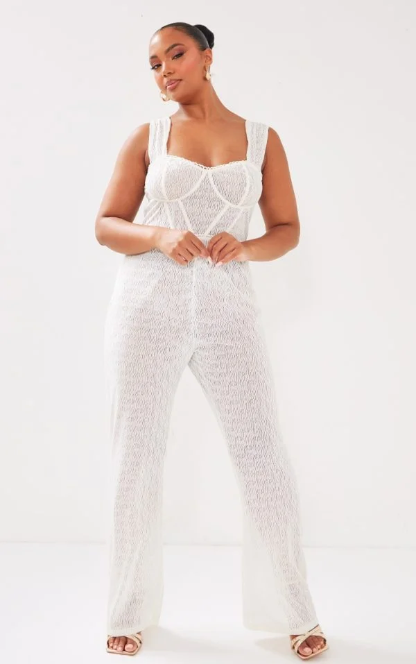 Plus Cream Textured Corset Jumpsuit