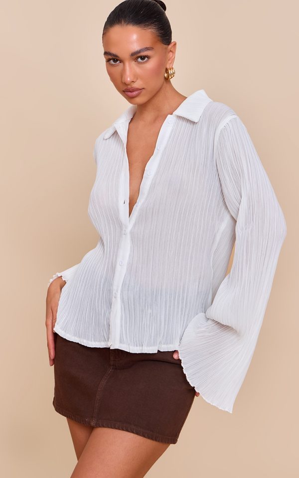 White Chiffon Plisse Sheer Shirt