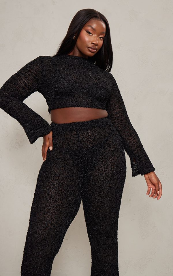 Plus Black Bobble Glitter Knit Tie Back Top