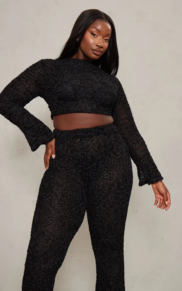 Plus Black Bobble Glitter Knit Tie Back Top
