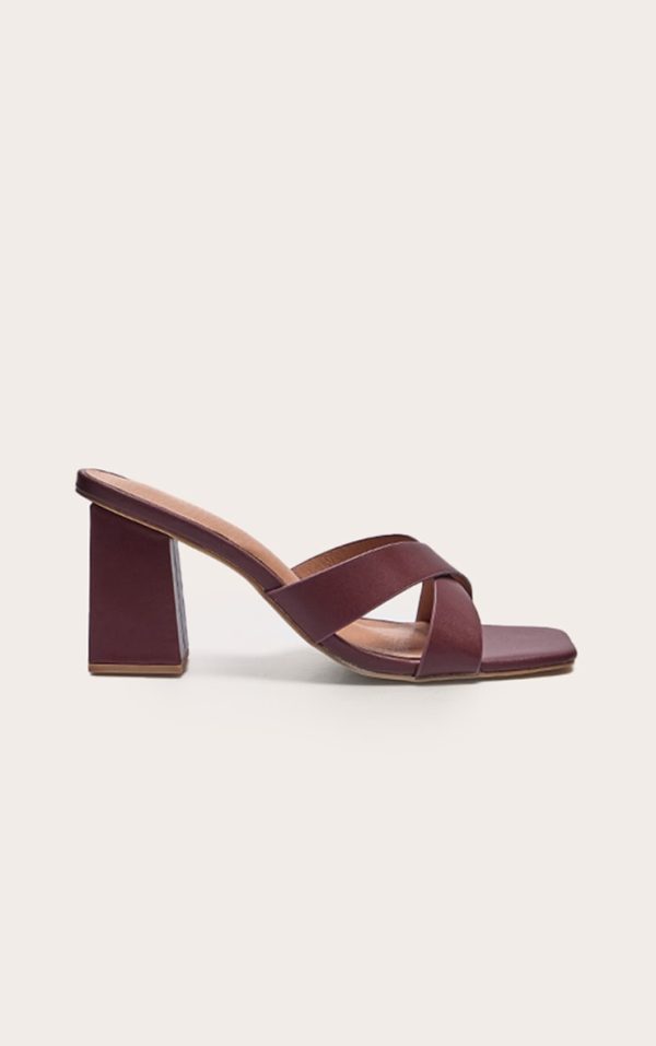 Burgundy Pu Cross Strap Block Heeled Mules