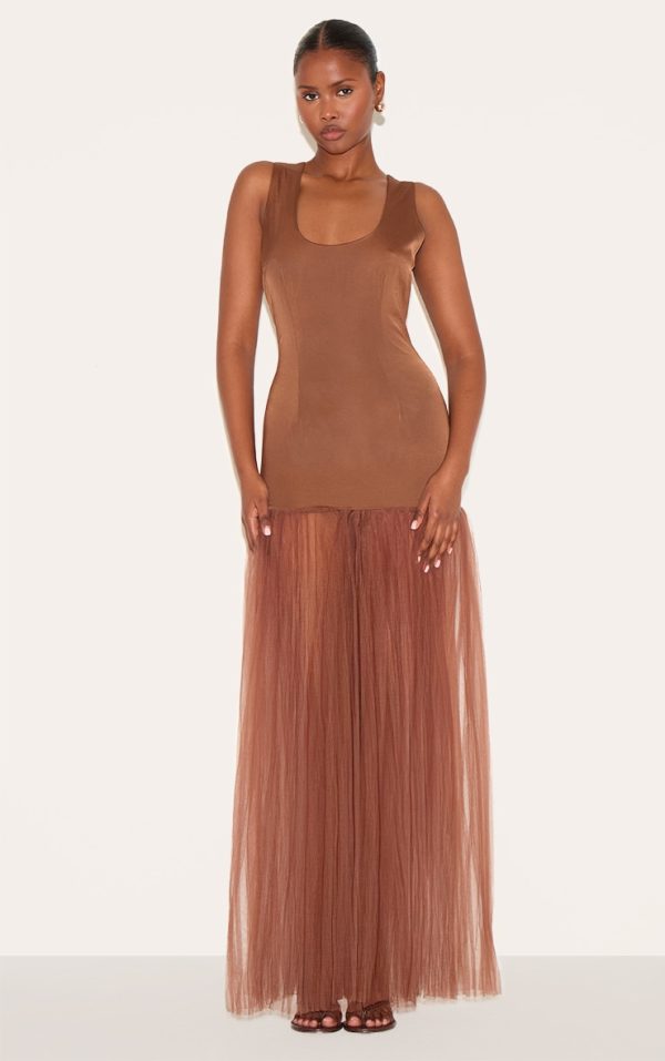 Chocolate Scoop Neck Drop Waist Maxi Dress