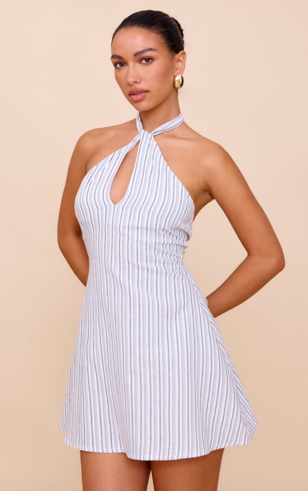 White Striped Halterneck Shift Dress