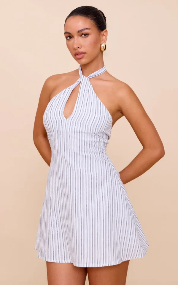 White Striped Halterneck Shift Dress
