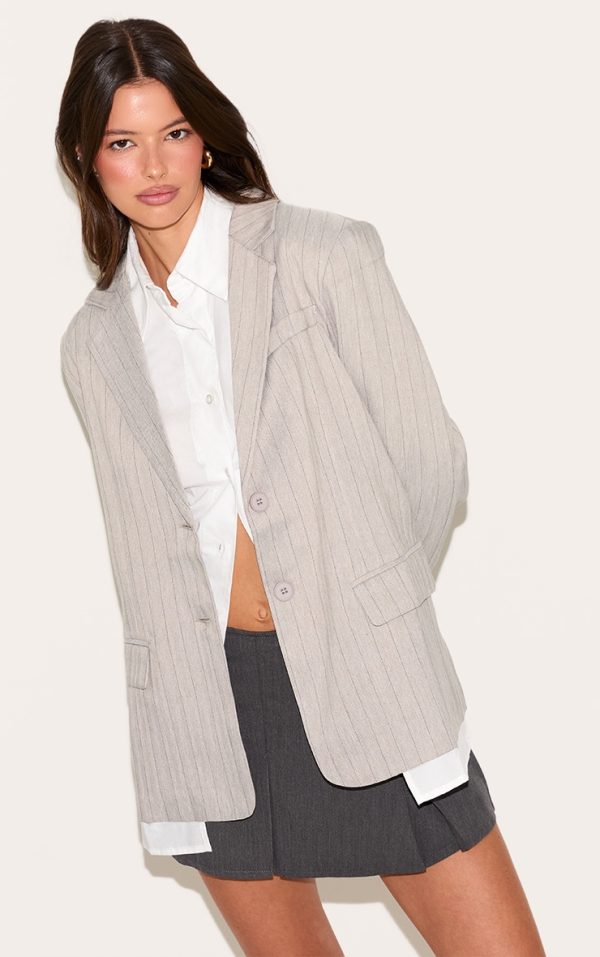 Light Grey Pinstripe Shirt Detail Blazer