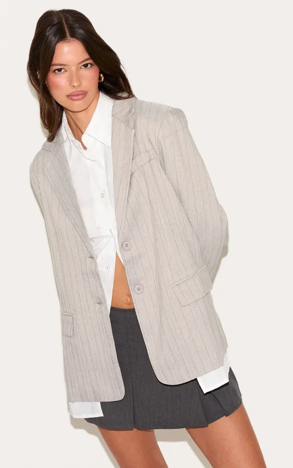 Light Grey Pinstripe Shirt Detail Blazer