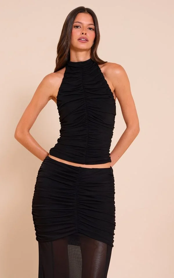 Black Mesh Ruched Backless Halterneck