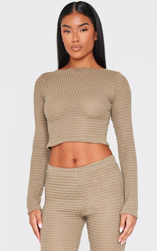 Khaki Textured Boat Neck Long Sleeve Top