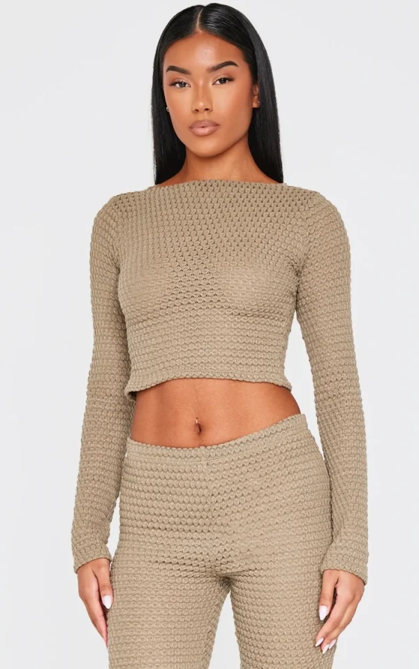 Khaki Textured Boat Neck Long Sleeve Top