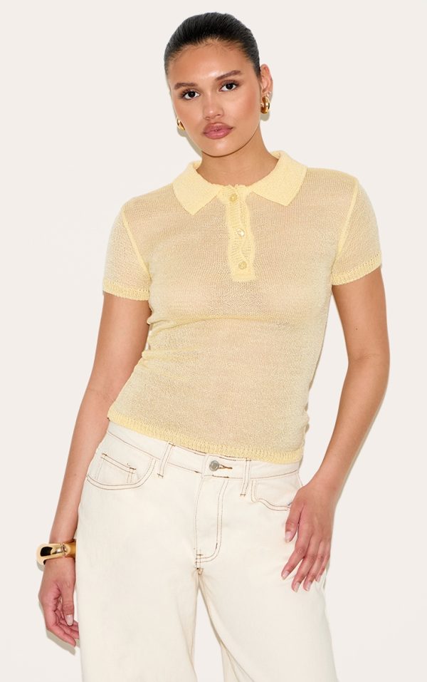 Yellow Sheer Knit Polo Top