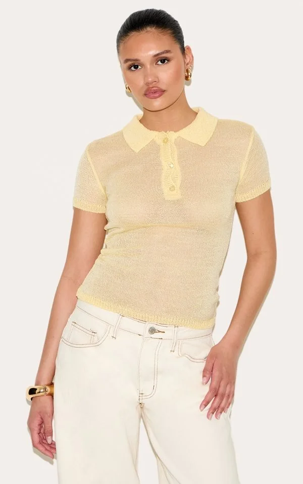 Yellow Sheer Knit Polo Top