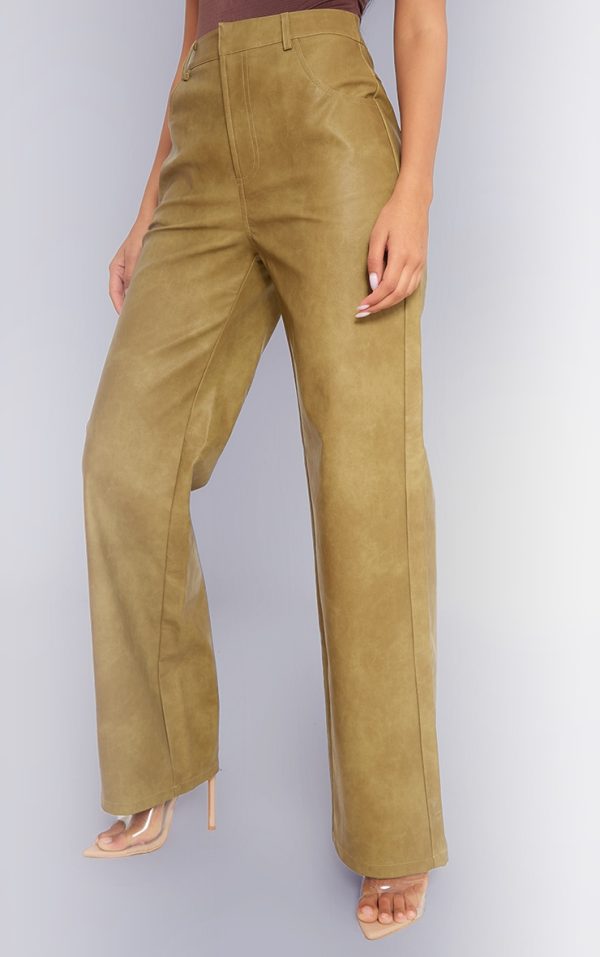 Premium Olive Washed Faux Leather Straight Leg Pants