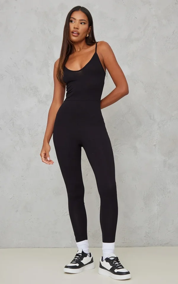 Black Basic Strappy Plunge Jumpsuit